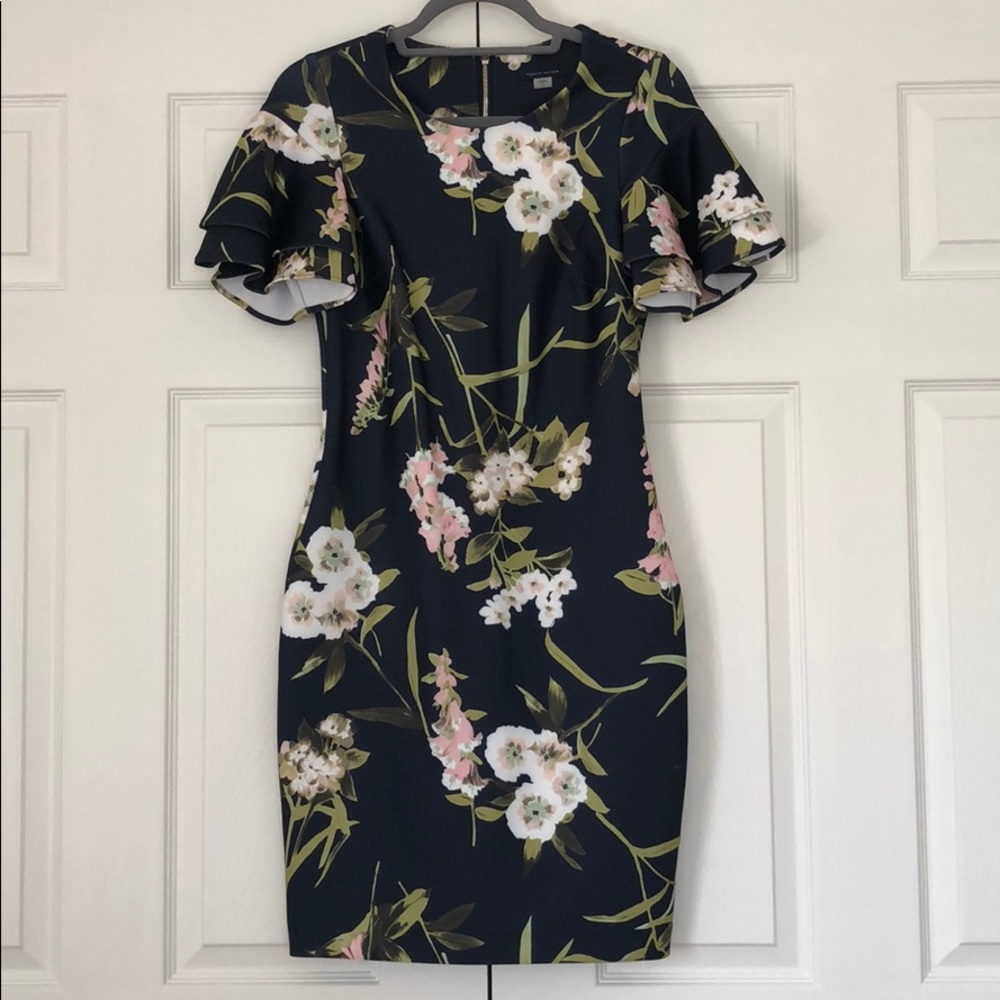 Navy and floral dress.